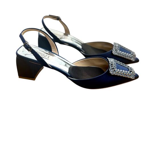 Badgley Mischka Navy Satin Pointed-Toe Slingback Heels w/ Crystal Buckle sz 8.5 - Picture 3 of 12